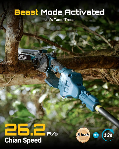 SEESII 2 in 1 Cordless 8 inch Pole Saw & Mini Chainsaw with 2 Battery, Power Electric Polesaw for Tree Trimming, Chain Saw with Extension Pole, Limb Branch Cutter Pruner P8 Ace