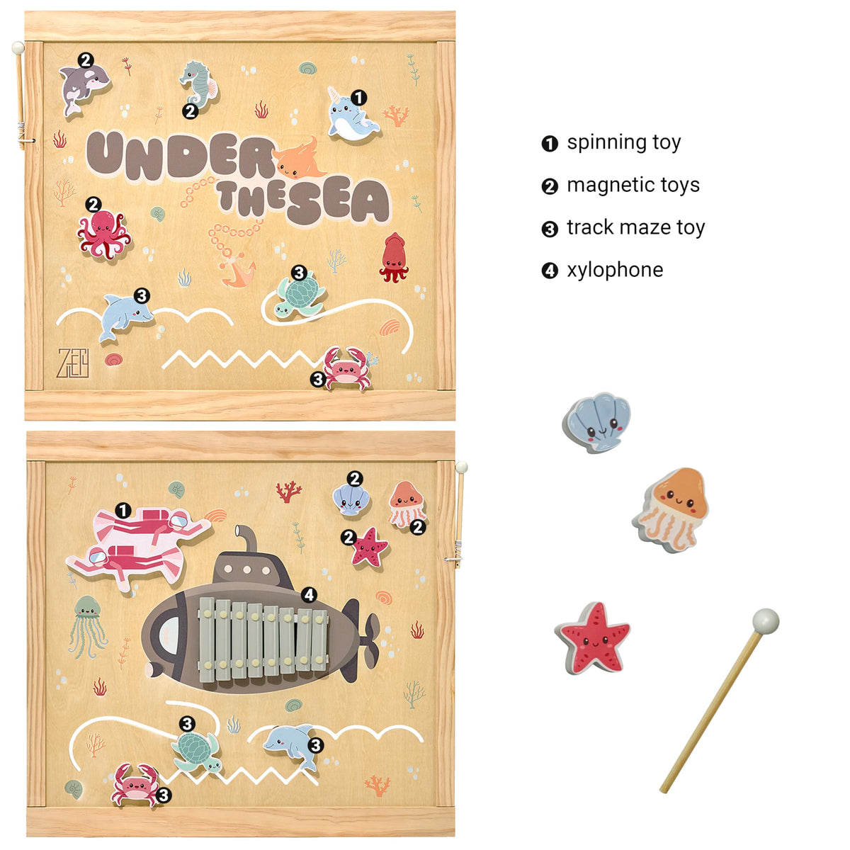 Wooden Playpen Extra Large for Toddlers and Babies - Under The Sea Theme Toy Design - (8/10) Wood Panels - Foldable and Adjustable Baby Play Yard- Extra Large Baby Playpen (10-Panels)