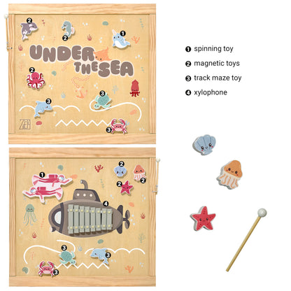 Wooden Playpen Extra Large for Toddlers and Babies - Under The Sea Theme Toy Design - (8/10) Wood Panels - Foldable and Adjustable Baby Play Yard- Extra Large Baby Playpen (10-Panels)