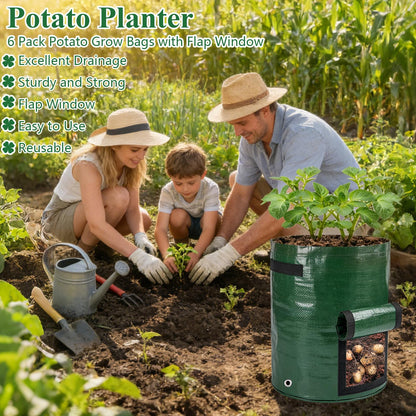 cyrico Potato Grow Bags, 10 Gallon 6 Pack Grow Bags for Potatoes with Flap Harvest Window and Handles, Sturdy PE Fabric Pots Potato Planter Garden Planting Bags for Onion Fruits Tomato Vegetables