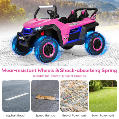 HONEY JOY Pink 2 Seater Ride On Car, 12V Battery Powered Ride On Truck w/Remote Control, Spring Suspension, High/Low Speed, Storage, Music, USB, Ambience Lights, Electric Vehicle UTV for Kids (Pink)