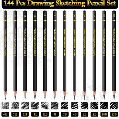 Humyoun 144 Pcs Drawing Sketching Pencil Set Professional (12b - 4h) Graphite Charcoal Gift Bulk for Artists Beginners, Pro Artists, Drawing Art, Sketching