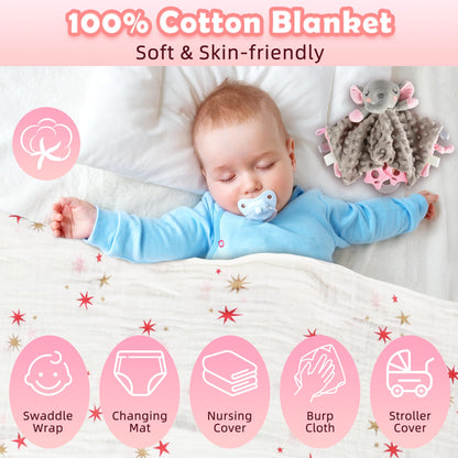 Totiro Newborn Baby Girl Gift, 9 Pcs Baby Gifts for Girls Newborn Essentials, New Baby Girl Gift Basket Baby Shower Gender Reveal Gifts, New Mom Gift Swaddle Blanket Bunny Rattle Gift Set