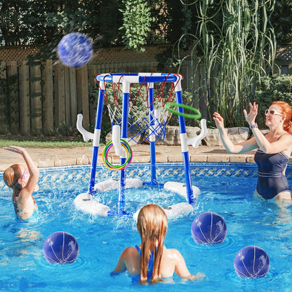 2-in-1 Pool Basketball Hoop & Ring Games with 4 Balls 12 Rings and Pump, Summer Water Outdoor Party Swimming Pool Toys Games for Kids Ages 4-8 8-12 Adult, Family Party Easter Birthday Games Toys