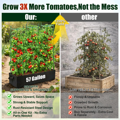 BobbleT 3 Pack Heavy Duty Tomato Cages with 57 Gallon Grow Bag, 48" Adjustable Tomato Trellis for Raised Garden Bed, Sturdy Triangle Plant Support for Climbing Vegetables, Cucumbers & Garden Plants
