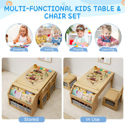 5-in-1 Kids Art Table and Chairs, Toddler Table and Chair Set, Craft Play Desk for Kids, Convertible Art Easel with Paper Roll Holder & Storage Drawers, Children Activity Learning Center - Nature Wood