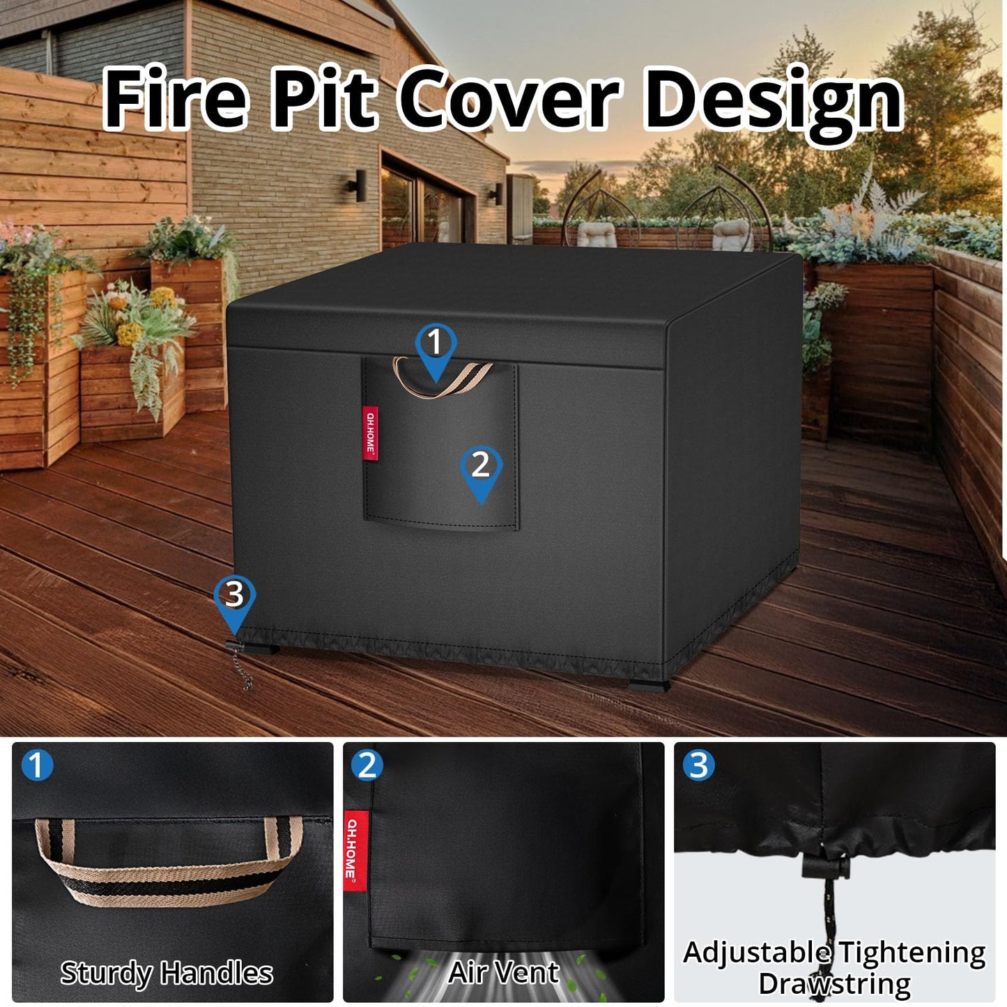 QH.HOME [2026 Upgraded 900D Fabric] Fire Pit Cover for Fire Pit, Super Waterproof fit for Propane Fire Pit Table , Square 30''Lx 30''Wx 24"H -Black