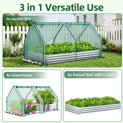Ohuhu Raised Garden Bed with Greenhouse Cover, 8x4x1 FT Galvanized Metal Planter Box Outdoor with PE Cover, 4 Doors for Ventilation, 3-in-1 Gardening Set for Vegetable Flower Herb Succulent