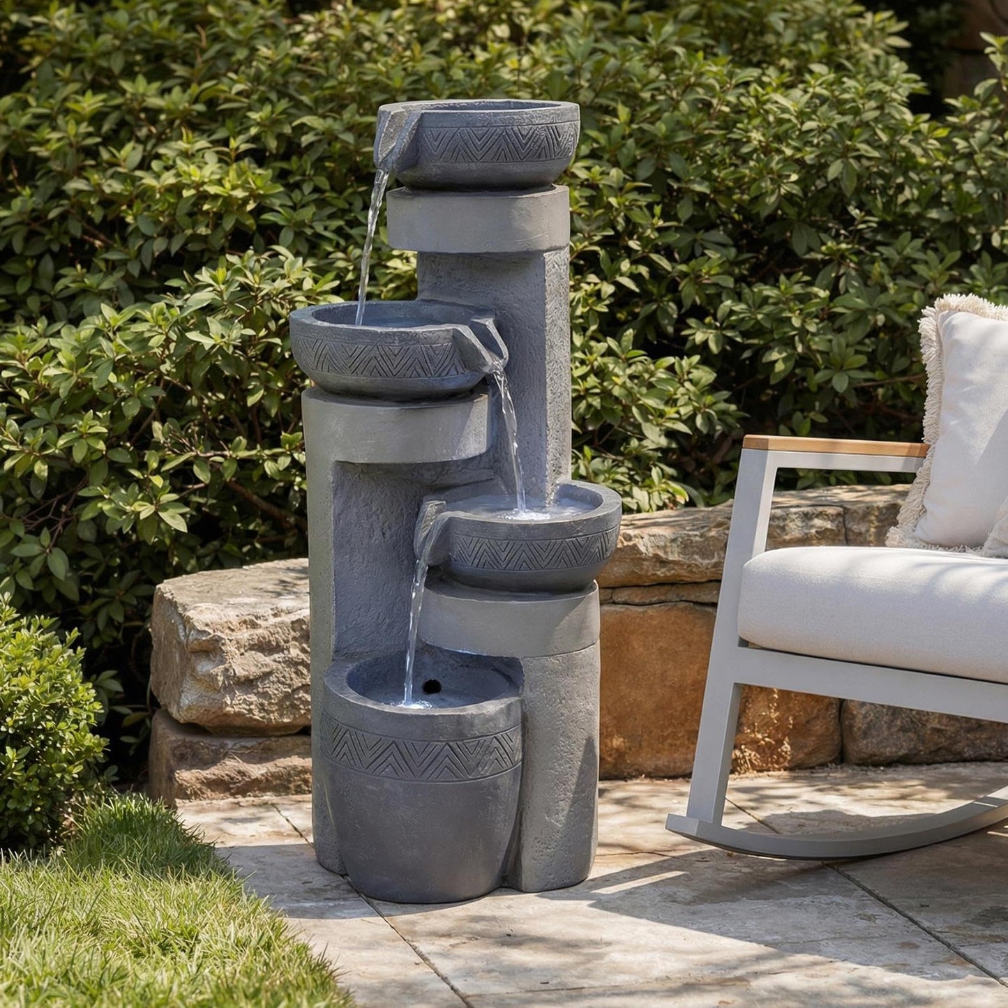 32" Outdoor Water Fountain with Led Lights, 4-Tier Modern Pottery Water Fountain, Outdoor Garden Waterfall Decor for Garden, Patio, Courtyard