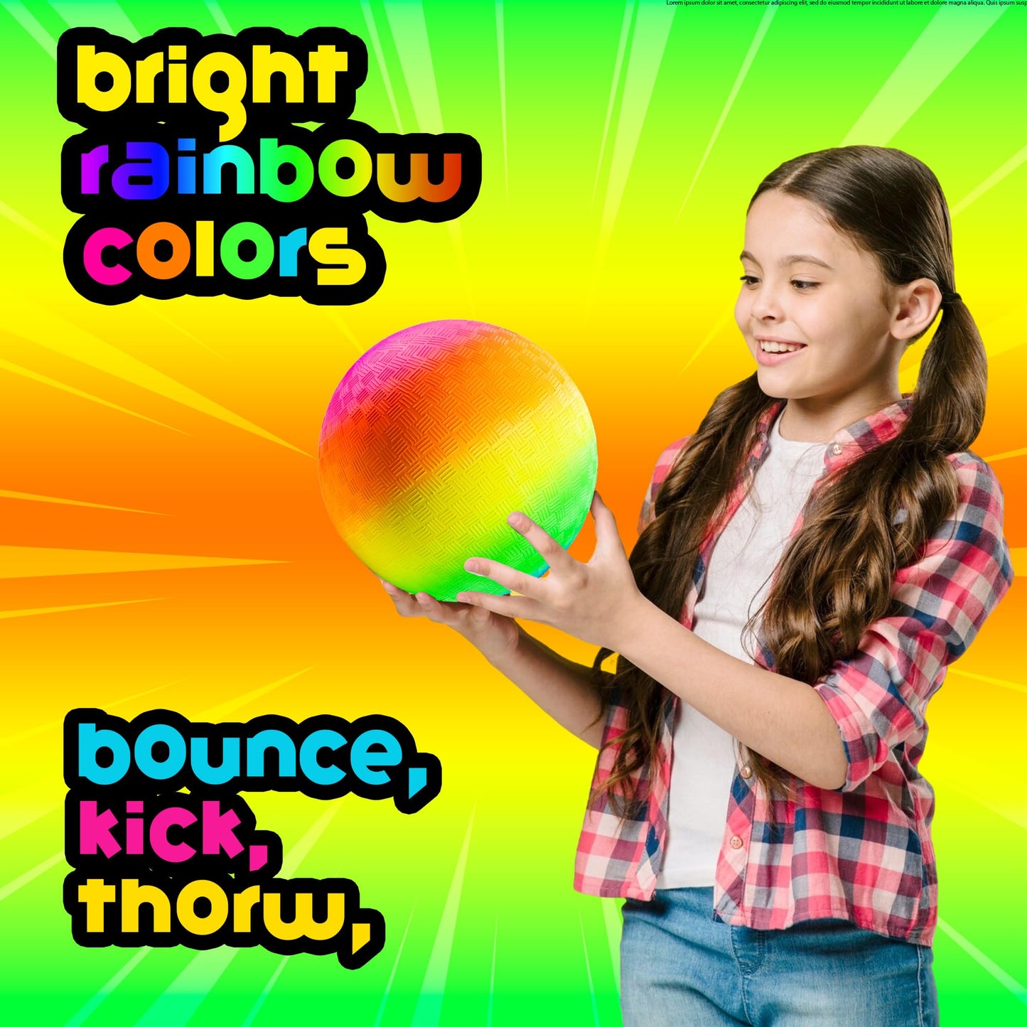 PlayBolt Rainbow Playground Balls - 8.5 Inch (Pack of 4) Rubber Bouncy Colorful Inflatable Balls for Kids and Adults, Indoor & Outdoor Games, Kickball, Dodgeball, Four Square, Dodge, Recess, Handball