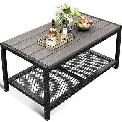 ODK Outdoor Coffee Table with Double-Layer Storage, Rectangle Weather-Resistant Patio Coffee Table for Garden, Balcony, Hot Tub, Poolside, Heavy-Duty Metal Frame, Grey