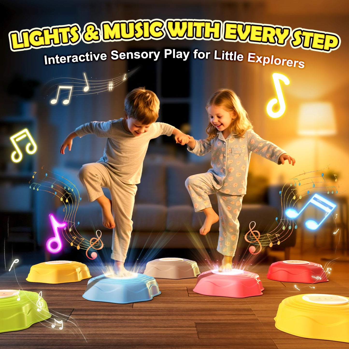 SS Stepping Stones for Kids - 6Pcs Balance Stones Kit with Interactive Light & Music, Indoor/Outdoor Sensory Toys for Ages 3-12, Perfect Christmas, Children's Day & Birthday Gift for Boys & Girls