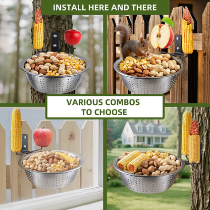 TKMSV 2 Pack Squirrel Feeders Tree/Fence Mounted, 8.5" Removable Colander Bowls (1.4L Each), 2 Corn Cob Spikes for Various Food, Perfect Metal Squirrel Feeders for Outside, Easy to Clean/Refill