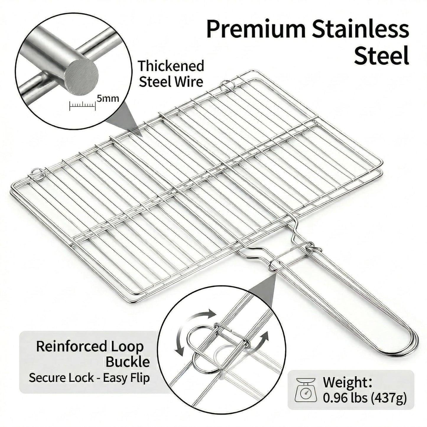 Stainless Steel Fish Grill Basket for Outdoor BBQ, Heavy Duty Lockable Grilling Rack for Fish Vegetables Steak Veggies Shrimp Meat, Portable Campfire Cooking Mesh Grate Tool, 12 x 8 Inch