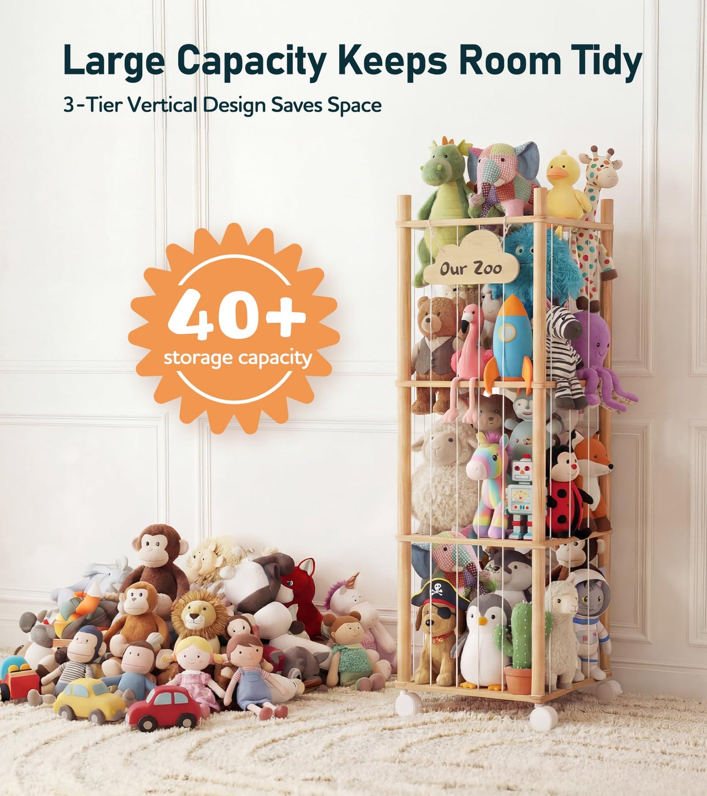Little Dove Stuffed Animal Storage, Wooden Stuffed Animal Zoo with Brake Wheels, Large Capacity Stuffy Plushies Storage, Space Save Toy Organizer for Nursery Playroom Kidroom Bedroom, 54 Inch