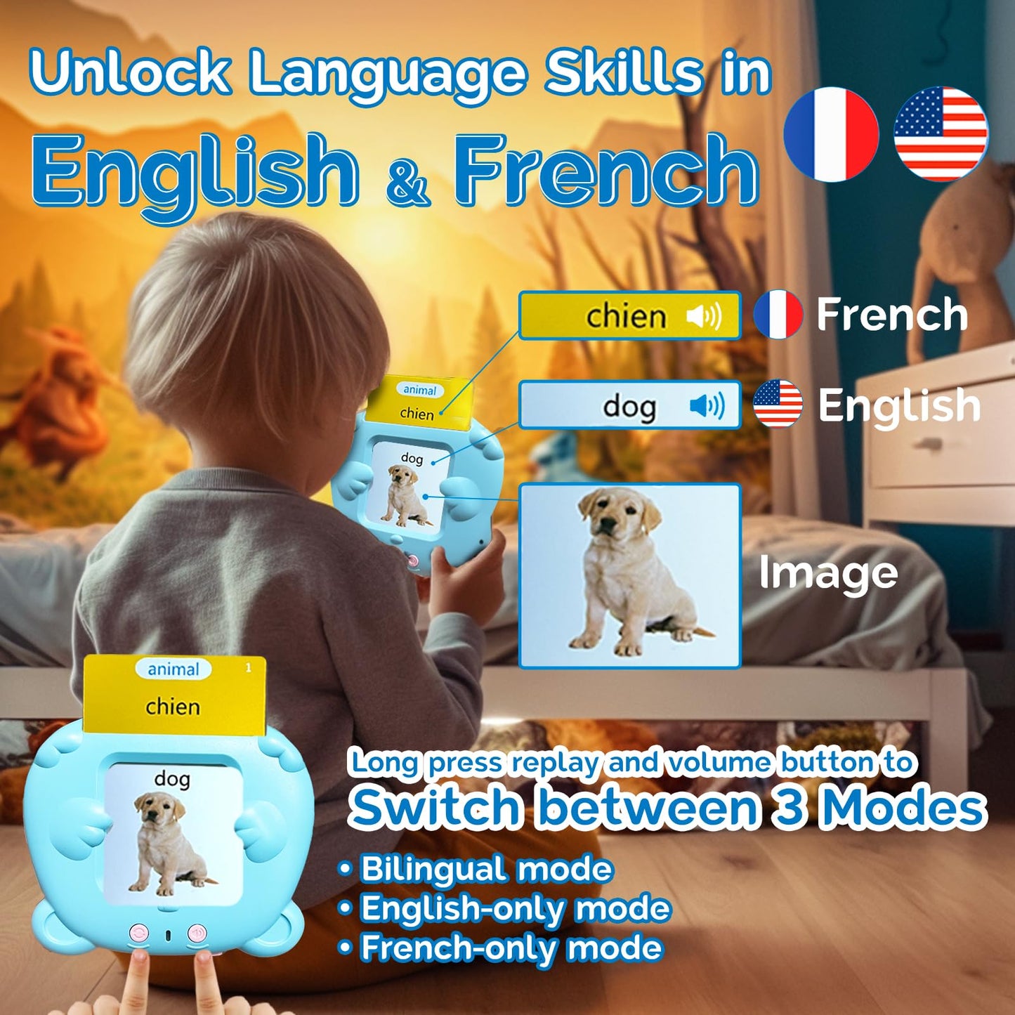 KILOGOGRAPH Bilingual English Flash Cards - French Talking Flash Cards, 510 Sight Words 31 Themes, Pocket Speech for Toddlers 3-12, Autism Sensory Toys, Preschool Learning Activities (French, Blue)