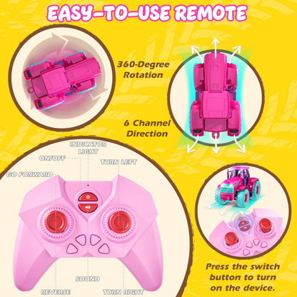 Funwee RC Tractor Toy Set with Light & Sound, Kids Farm Car Animal Trailer Wheels Remote Truck, Outdoor Vehicle Toys for 3-7+ Years Old Toddler Boy and Girl Gift(Rose red)