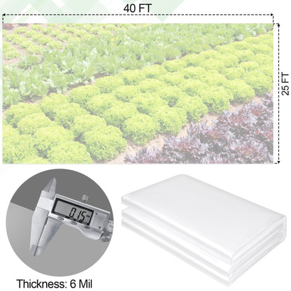25 x 40 FT Clear Greenhouse Plastic Sheeting, 6 Mil Polyethylene Film Heavy Duty, Water Sun Frost Wind Dust Resistant Winter Hoop House Toughness Plastic Cover for Farming, Gardening, Agriculture, DIY