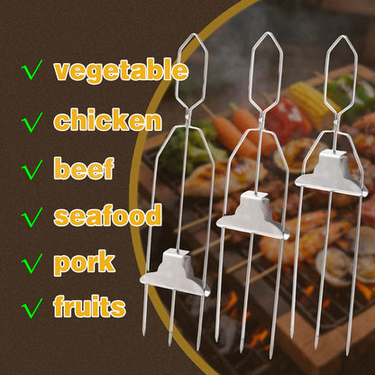 YQGQSUAK 7 Pack 15 Inch 3 Prong Kabob Skewers, Stainless Steel Grill Skewers with Push Slider Bar, Reusable Metal BBQ Sticks for Meat, Chicken, Veggies and Outdoor Cooking