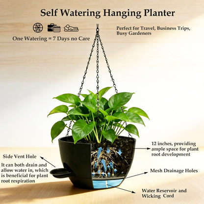 CNLBO 12 Inch Self Watering Hanging Planters 2 Pack, Indoor Outdoor Hanging Pots for Plants with Drainage Holes & Saucers, Black Plastic Hanging Baskets for Kitchen Balcony Garden