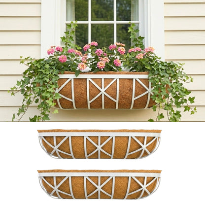 LaLaGreen 30 Inch, 2 Pack White Metal Window Planters-Wall Mount Flower Pots for Outdoor with Coco Coir Liner, Attach to House Flower Boxes Hanging Walls Plant Holders for Fence Balcony Porch, Patio