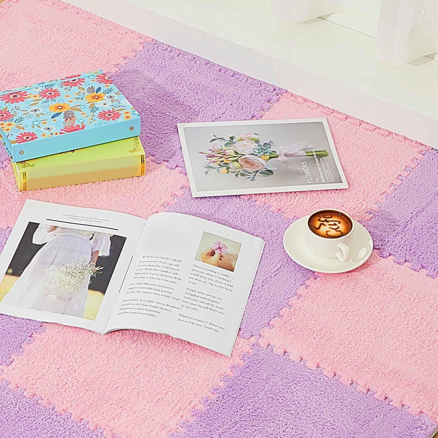 Flutesan 15 Pcs Winter Plush Puzzle Foam Floor Mat Interlocking Carpet Tiles Anti Slip Soft Warm Squares EVA Foam Crawling Rug for Play Floor Playroom Bedroom Nursery(Pink, Purple)