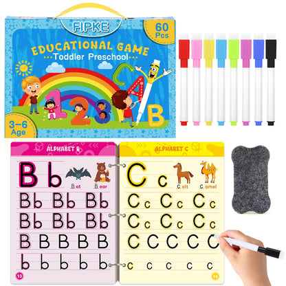 FIPKE Preschool Handwriting Practice Book, Toddlers Preschool Learning Activities with 60 Pages Reusable Magic Practice Copybook for Kids, Educational Montessori Toys for 3 4 5 6 Year Old