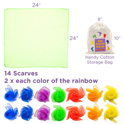 Covelico Play Scarves for Kids (14 Pack) – Montessori-Inspired Sensory Dance Scarves for Toddlers & Preschool, 7 Pairs of Music & Movement Props for Classroom, Daycare & PE, Waldorf Gross Motor Toys
