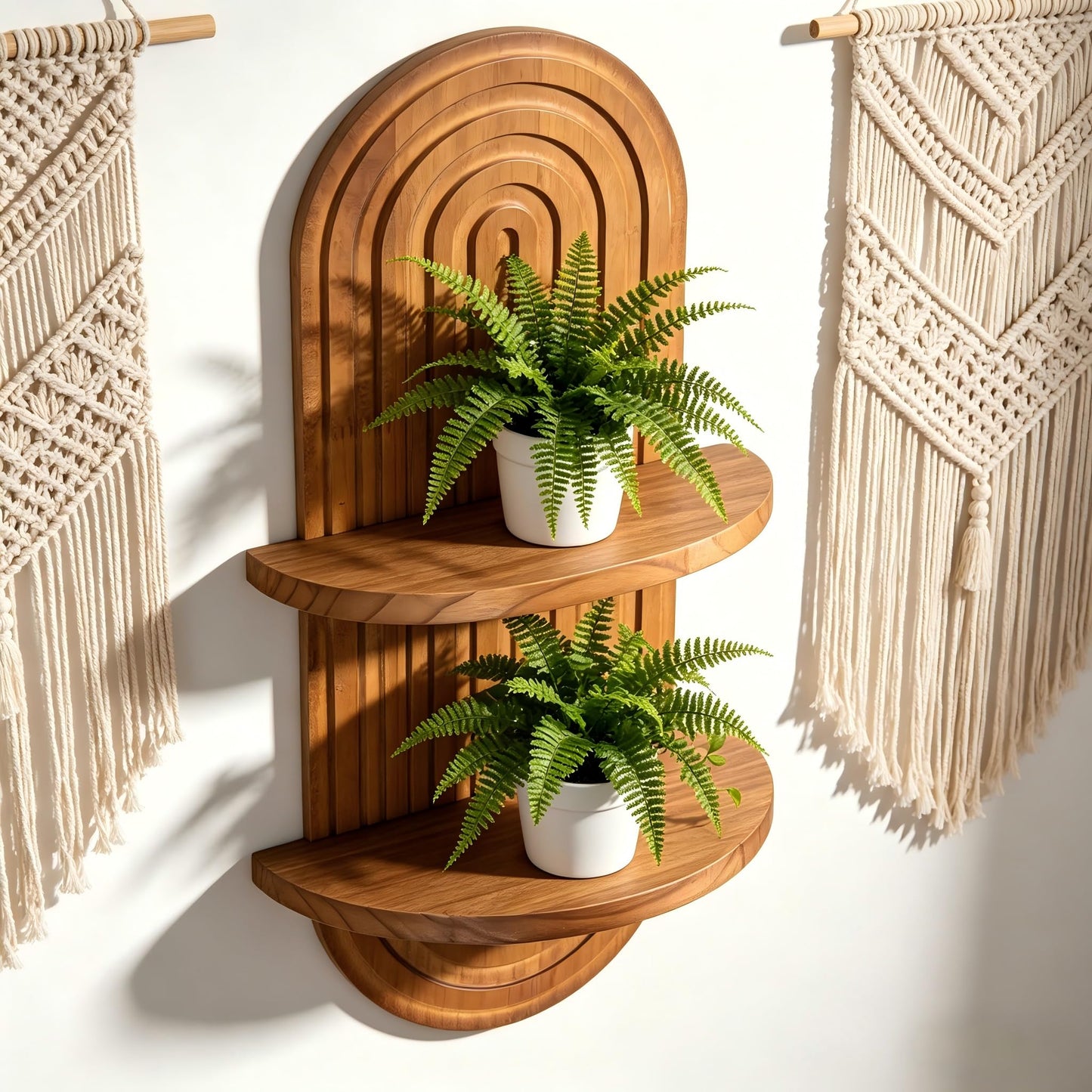 Vituney Boho Wall Shelf Decor Plant Wall Shelf Mid Century Modern Decor Hanging Plant Shelves, 2 Tier Wooden Art Floating Shelves for Home Bathroom Bedroom Living Room Planter