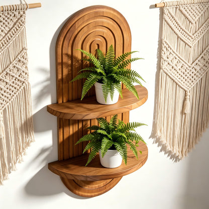 Vituney Boho Wall Shelf Decor Plant Wall Shelf Mid Century Modern Decor Hanging Plant Shelves, 2 Tier Wooden Art Floating Shelves for Home Bathroom Bedroom Living Room Planter
