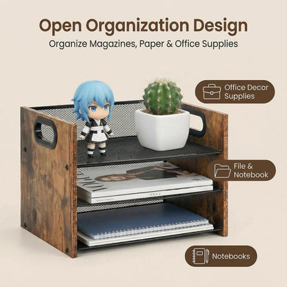 Boershun Desk Organizer - 3 Tier Wood & Metal Mesh Desktop Organizer for Office, Home, School, Workspace, Office Desk Organzier for Papers, Mail, Notebooks, Stationery