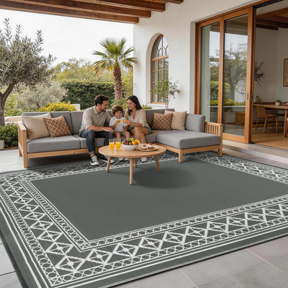 LBRO2M Waterproof Outdoor Rugs 8X10 for Patio Outdoor Plastitc Straw Rug Reversible Outdoor Border Rugs RV Rug for Deck, Pinic, Beach (8X10, Gray)