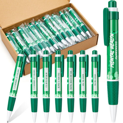 Lincia 50 Pcs Mental Health Awareness Items Green Ribbon Message Pens World Mental Health Day Retractable Ballpoint Pen for School Nonprofit Organization Charity Classroom Supply 1.0 mm Black Ink