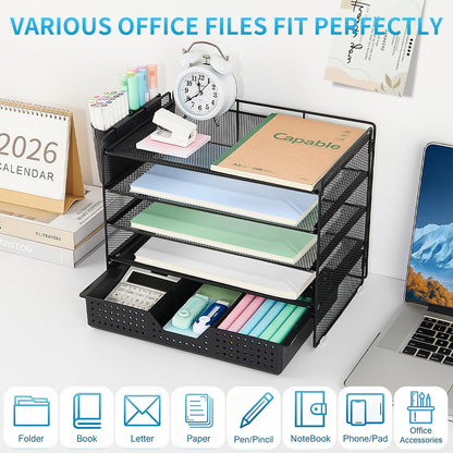 LEKETREE Desk Organizer and Accessories, 5-Tier Paper Letter Tray Organizer with Drawer & 2 Pen Holders for Desktop File Organization, Office Desk Accessories for Supplies Storage (Black)