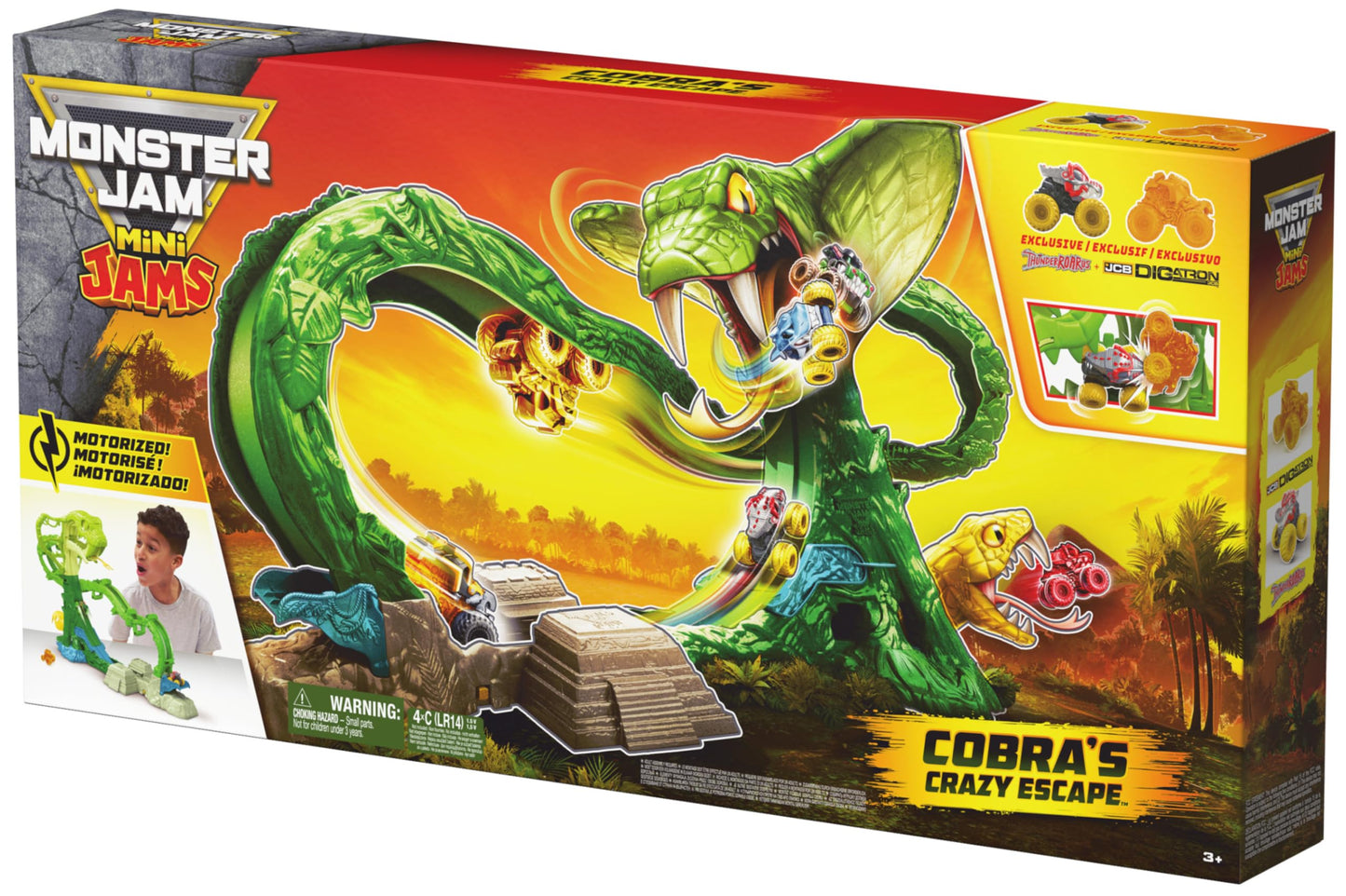 Monster Jam Mini Jams, Cobra’s Crazy Escape 28” Motorized Playset, 2 Exclusive Die-Cast ThunderROARus and JCB Digatron Monster Trucks, Kids Toys for Boy and Girls Ages 3 and up