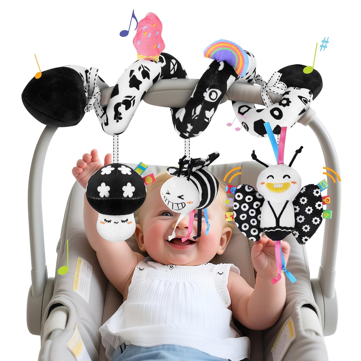 Zendstanding Spiral Car Seat Toys for Babies, 0-6 Months Stroller Pram Activity Hanging Toys High Contrast Black and White Sensory Toy, Newborn Soft Plush Travel Toy for Newborn Boys Girls Gift