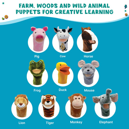 Get Ready Kids BigMouth Animal Hand Puppets – Set of 10 Plush Toy for Toddlers 1-3 & Kids Ages 4-8 | Includes Monkey, Tiger, Pig, Lion, Cow & More | Soft Animal Puppets for Learning & Fun