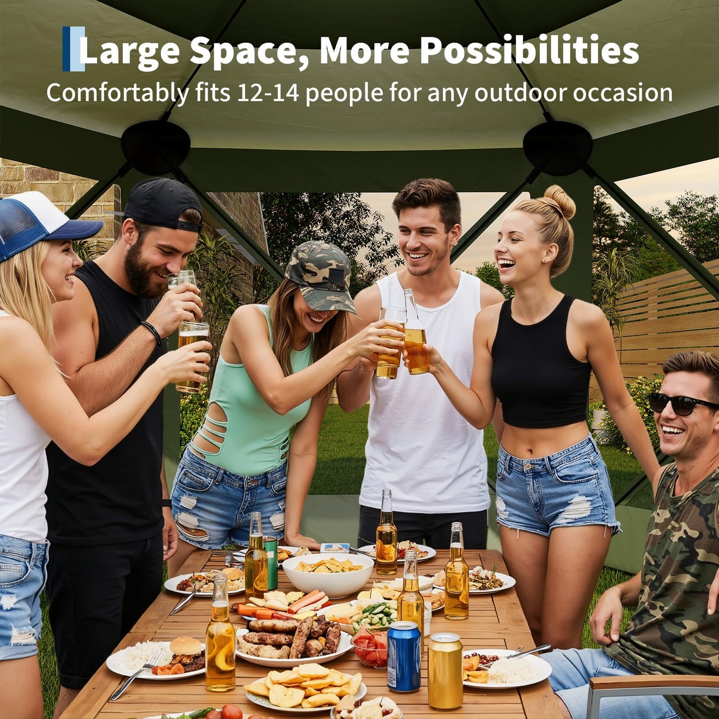 GarveeLife 13x13FT 6-Sided Pop Up Gazebo Tent，One-Push Setup Canopy Tent with Removable Canopy Top & Wind Cloths, Outdoor shelter for Camping, Backyard Parties, Outdoor Events - Army Green