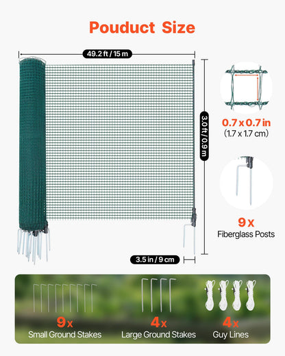 VEVOR Temporary Fence with Posts, 3 x 49.2 FT Plastic Mesh Fencing, Garden Safety Fences Netting with Double-Spike Stakes & Guy Ropes, Temporary Fence for Dogs, Chickens, Plants, Outdoor Yards