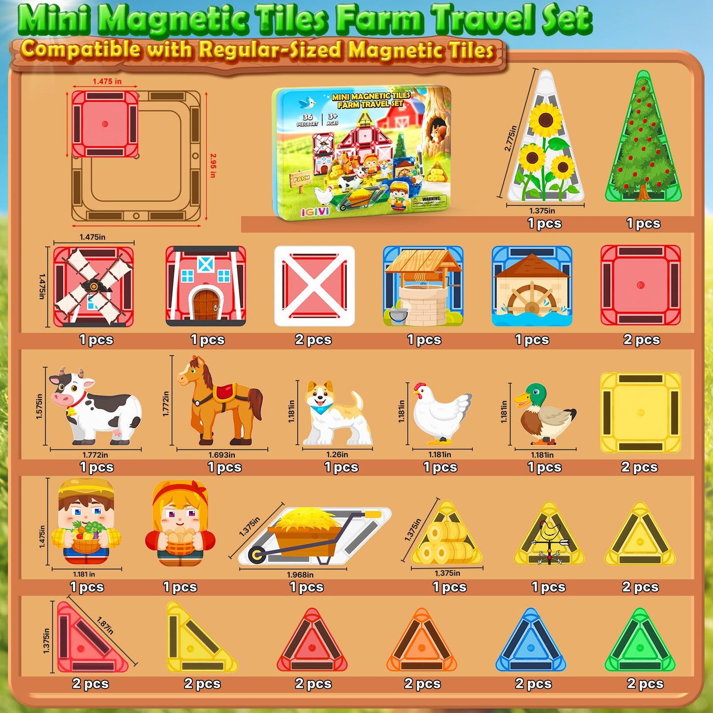 IGIVI Mini Magnetic Tiles Farm Travel Set, Magnet Building Blocks for Toddlers, STEM Travel Toys with Metal Storage Box, Preschool Classroom Must Haves, Christmas Birthdays Gifts for Kids Ages 3+