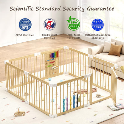 EXPERLAM Baby Playpen - Wooden Playpen for Babies and Toddlers, Foldable Play Pen with Locking Gate, Portable Baby Fence with Adjustable Shape and Size, Extra Large Toddler Play Yard (58X58x23.5Inch)