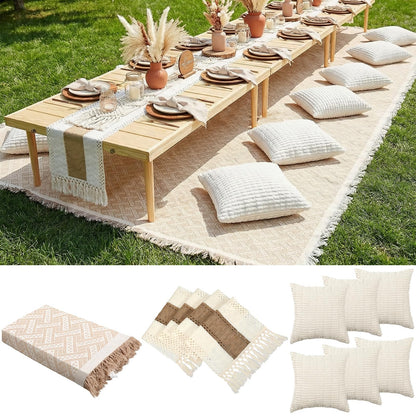 Beeveer Extra Large Outdoor Boho Picnic Blanket 181'' x 71'' Beige White Table Runner 6 Throw Pillow Cover Woven Cotton Yarn Oversize Beach Blanket Washable for Picnic Camp Wedding