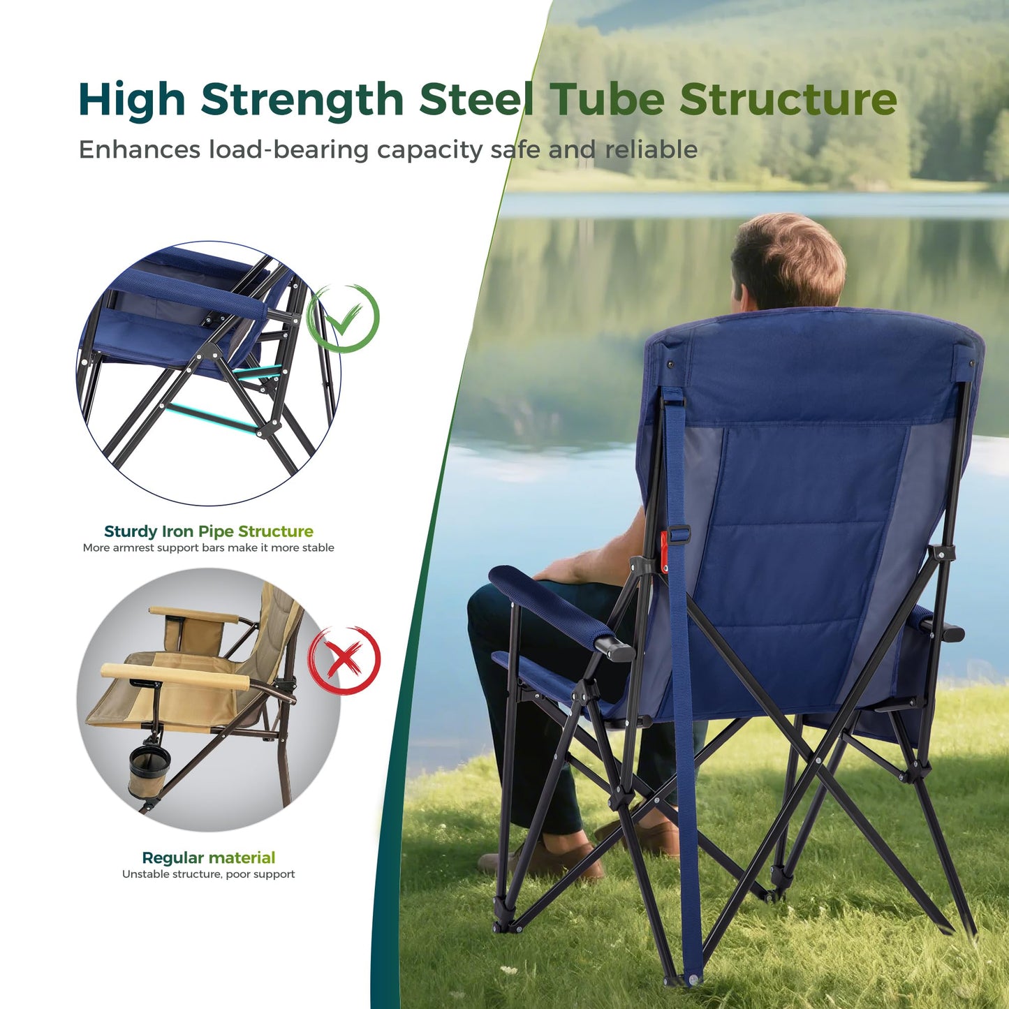 ALPHA CAMP Oversized Folding Camping Chairs High Backrest Heavy Duty Lawn Chairs for Adults Support 500 LBS Portable Camp Chairs with Cup Holders Large Side Pocket for Outdoor