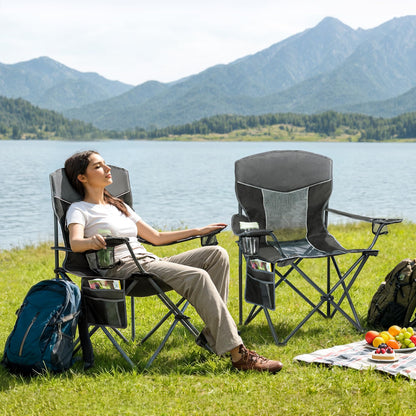 Matrasco Outdoor Camping Chair 2-Pack with Mesh Back, Folding Portable Lawn Chairs with Cup Holder & Side Storage Pocket for Camping, Beach, Picnic, Fishing(Black)