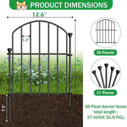 30 Pack Decorative Garden Fence Panels, 17in(H) x 31.5ft(L), Rustproof Metal No Dig Fence, Animal Barrier for Dogs & Rabbits, Anti Digging Fencing for Flower Bed Edging, Yard, Patio & Outdoor