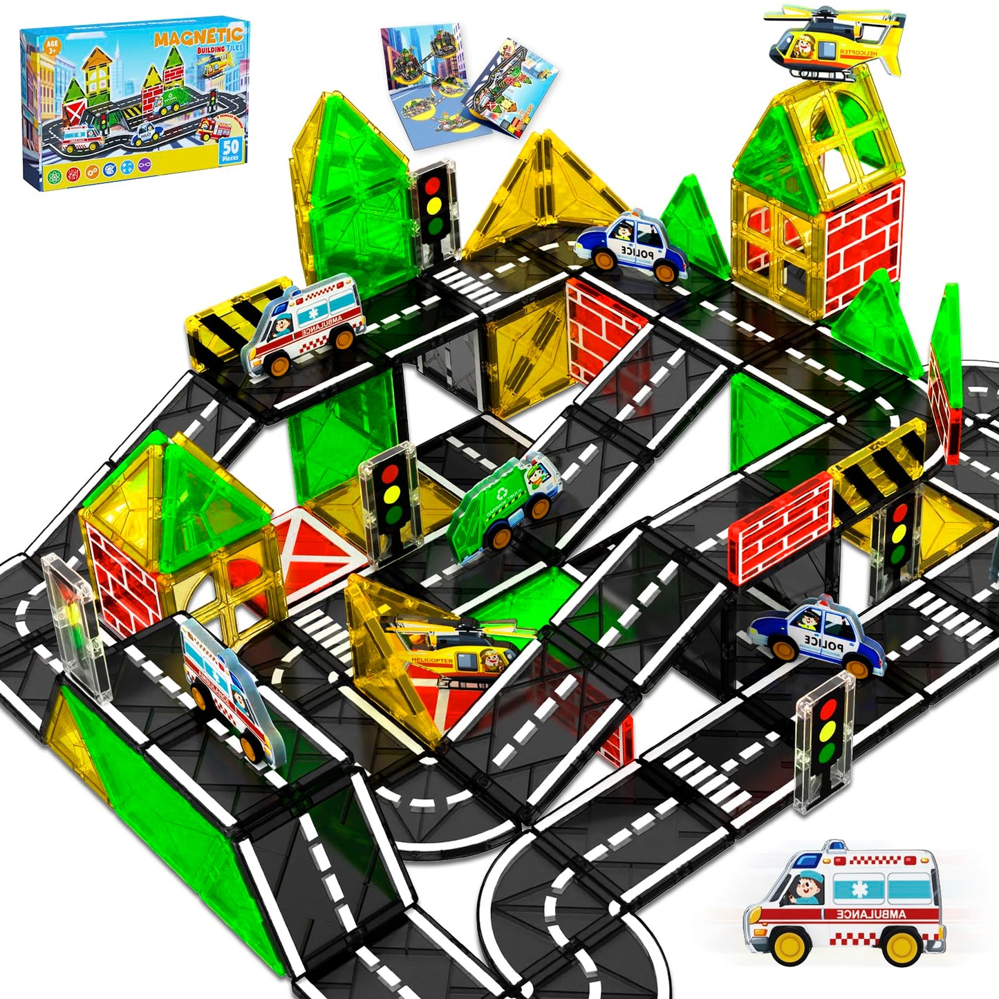 Magnetic Tiles Road Car Set,Magnetic Building Blocks for Kids, Learning Sensory Montessori Toys for 3-8 Year Old Boys Girls, Birthday Gifts for 3-8 Year Old Boys Girls, STEM Toys for Toddler