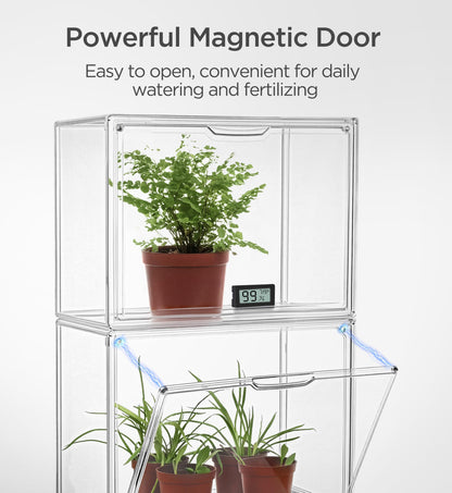 HBlife Mini Greenhouse for Indoor, Clear Stackable Green House with Magnetic Waterproof Door for Small Plants Nursery Germination, Tabletop Portable Greenhouse, 14.1x8.6x10.6 Inch (1 Pack)