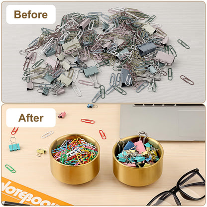 BTSKY 2 Pack Golden Paper Clip Holder, Stackable Paperclip Box Metal Storage Bowl for Office Supply Accessories, Round Small Storage Holder Cute Jewelry Organizer for Office Bathroom Vanity