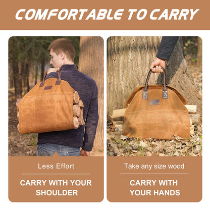 GOOD GAIN Firewood Carrier Waxed Canvas with Faux Leather Handle, Wood Carrier for Firewood, 36x18.5in Heavy Duty Firewood Storage Tote, Fireplace Log Carrier Indoor Bag, Wood Stove Accessories. Khaki
