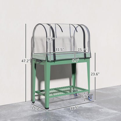 Outsunny Raised Garden Bed with Greenhouse Cover, Large Metal Outdoor Elevated Planter Box with Lockable Wheels, Storage Shelf and Drainage Hole for Vegetables, Flowers, Herbs, Green
